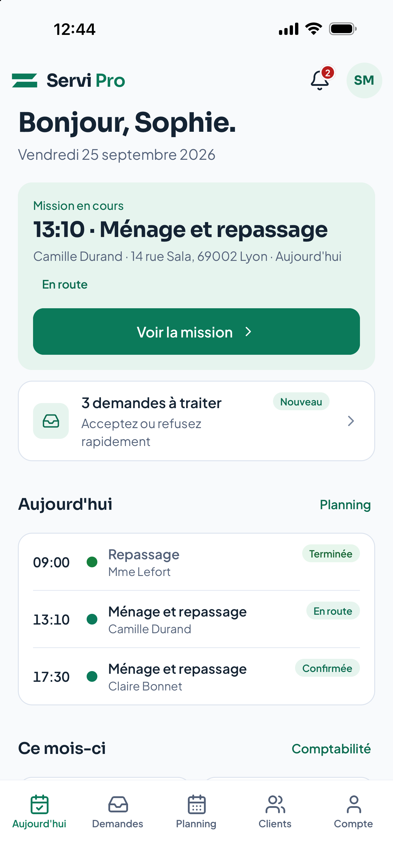 Servi Pro : missions et planning, données de démonstration